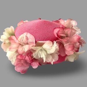Auth. 60’s Vtg Phyllis New York Pink Straw Cherry Blossom Percher Fascinator Hat